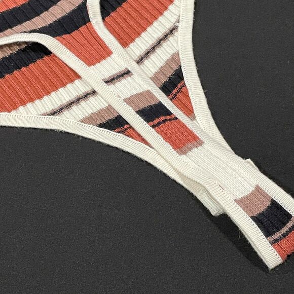 ~ Bodysuit XL Thong Stripe Knit* Mock Turtleneck Long Sleeve Snaps Brown Cream - Picture 3 of 13